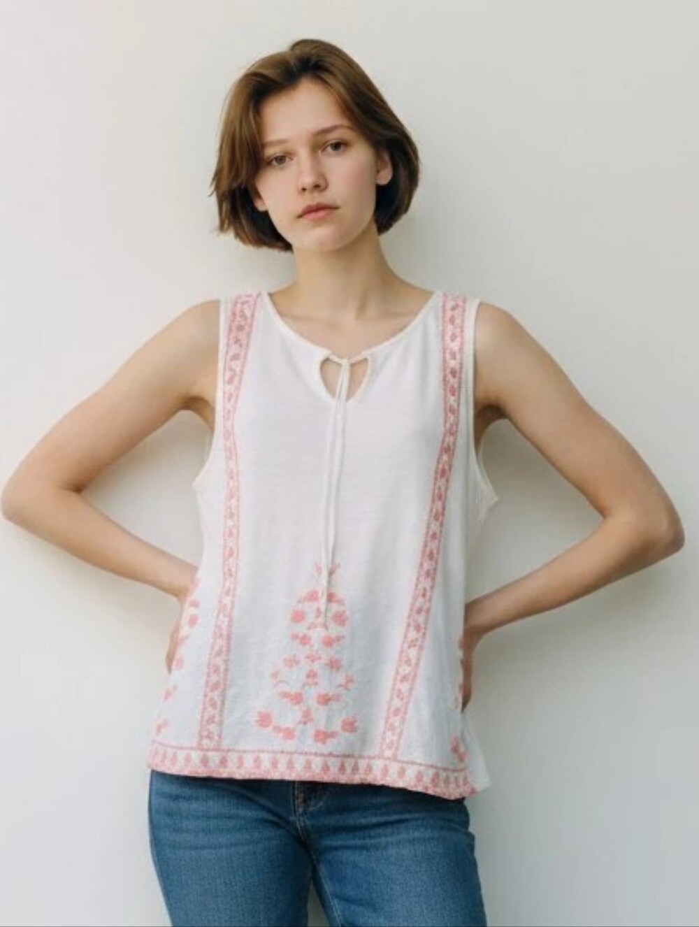 LOFT Outlet White Top with Coral Embroidered Detail